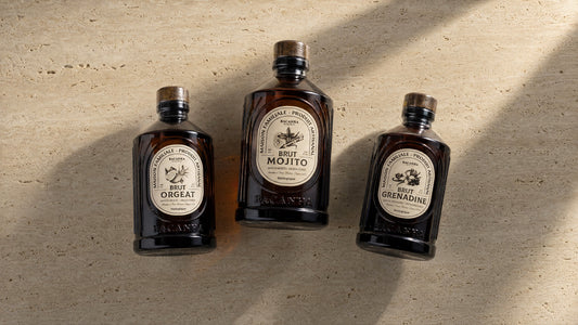 Bacanha Bio-Sirupe Orgeat, Mojito und Grenadine auf Travertin