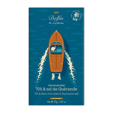 Dolfin Zartbitterschokolade mit Guérande-Salz, 70-g-Tafel mit Motorboot-Motiv