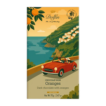 Dolfin Zartbitterschokolade mit Orange, 70-g-Tafel mit Cabrio an der Küste