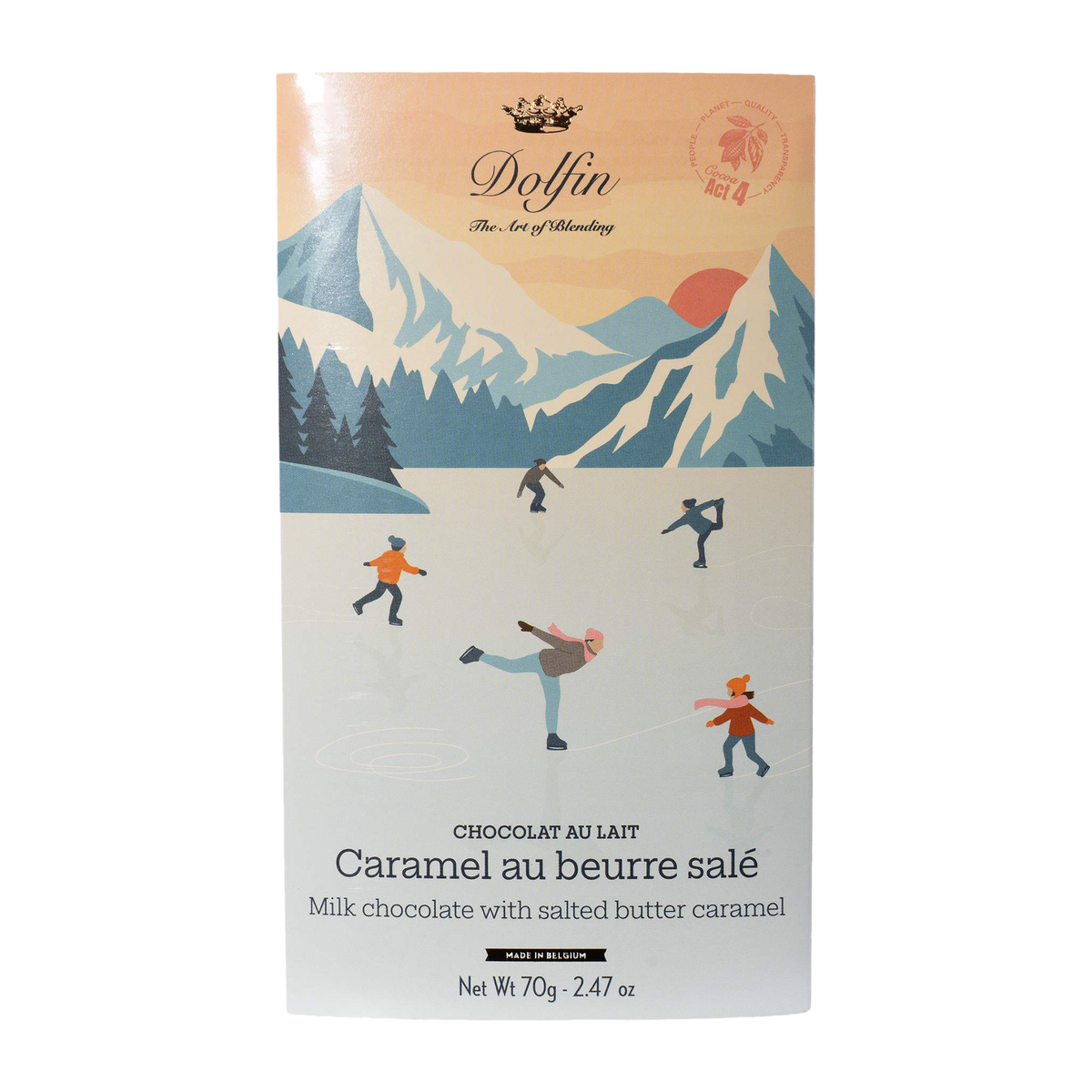 Dolfin Vollmilchschokolade mit Salzbutterkaramell, 70-g-Tafel mit Eisläufern
