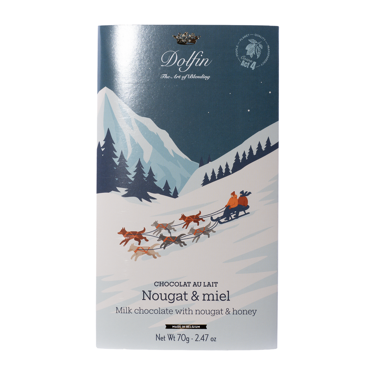 Dolfin Vollmilchschokolade mit Nougat und Honig, 70-g-Tafel mit Hundeschlitten-Motiv