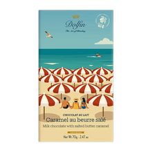 Dolfin Vollmilchschokolade mit gesalzenem Butterkaramell, 70-g-Tafel mit Strandschirmen