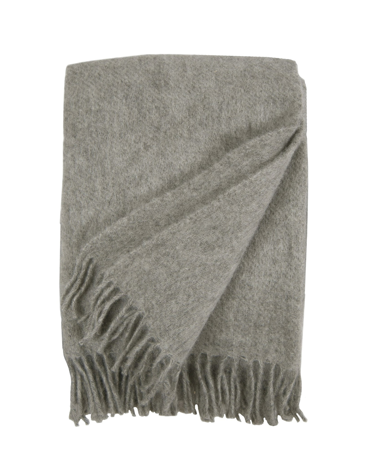 Klippan Wolldecke Gotland in Naturgrau, aus 75 % Lammwolle mit Gotlandwolle, gefaltet mit cremefarbenen Fransen