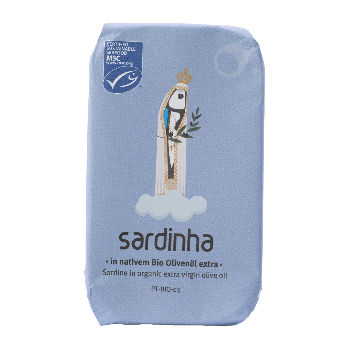 Sardinha MSC-Sardinen in nativem Bio-Olivenöl extra, 120-g-Dose in hellblauem Papier